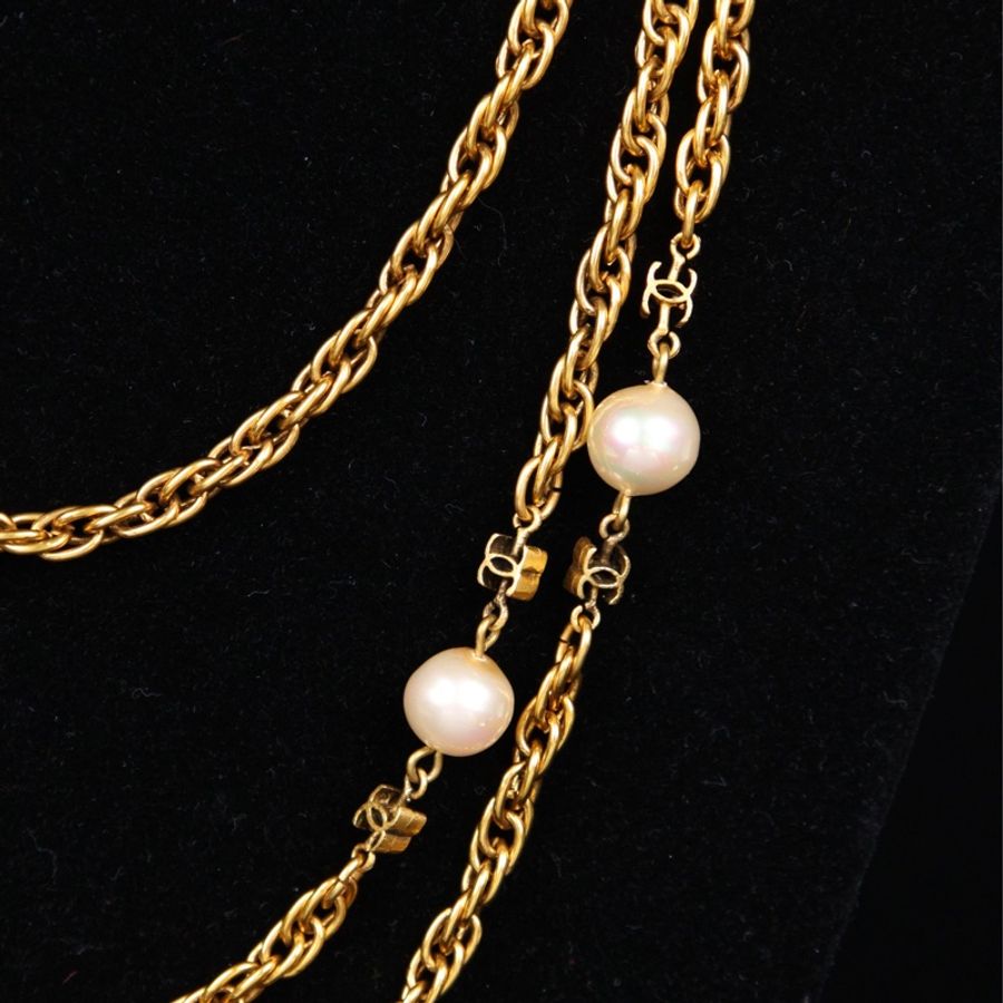 Chanel 素金珍珠拼接长项链毛衣链-16