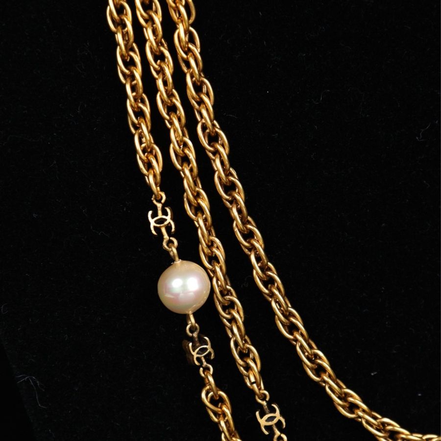 Chanel 素金珍珠拼接长项链毛衣链-17