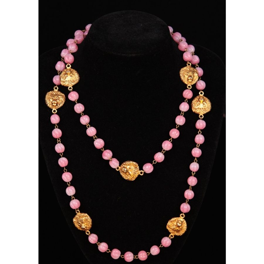 Chanel 樱花粉琉璃素金狮头拼接长项链毛衣链-3