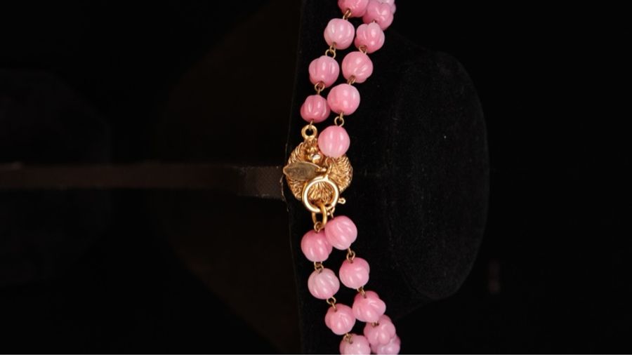 Chanel 樱花粉琉璃素金狮头拼接长项链毛衣链-7