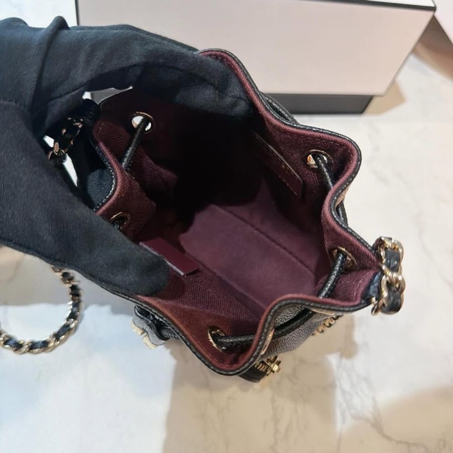✨香奈兒🤍Chanel mini水桶鏈包 黑金荔枝斜背包 晶片款-3