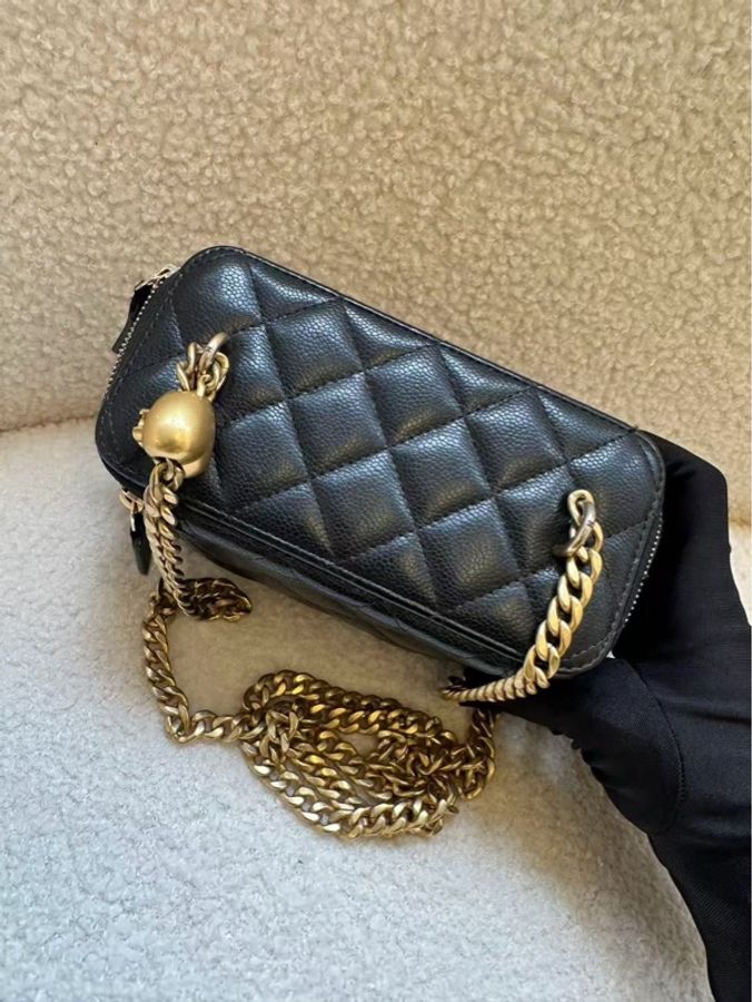 Chanel/香奈兒 愛心黑金愛心荔枝紋長盒子做舊鏈條包化妝盒 帶鏡子 23年晶片款-13