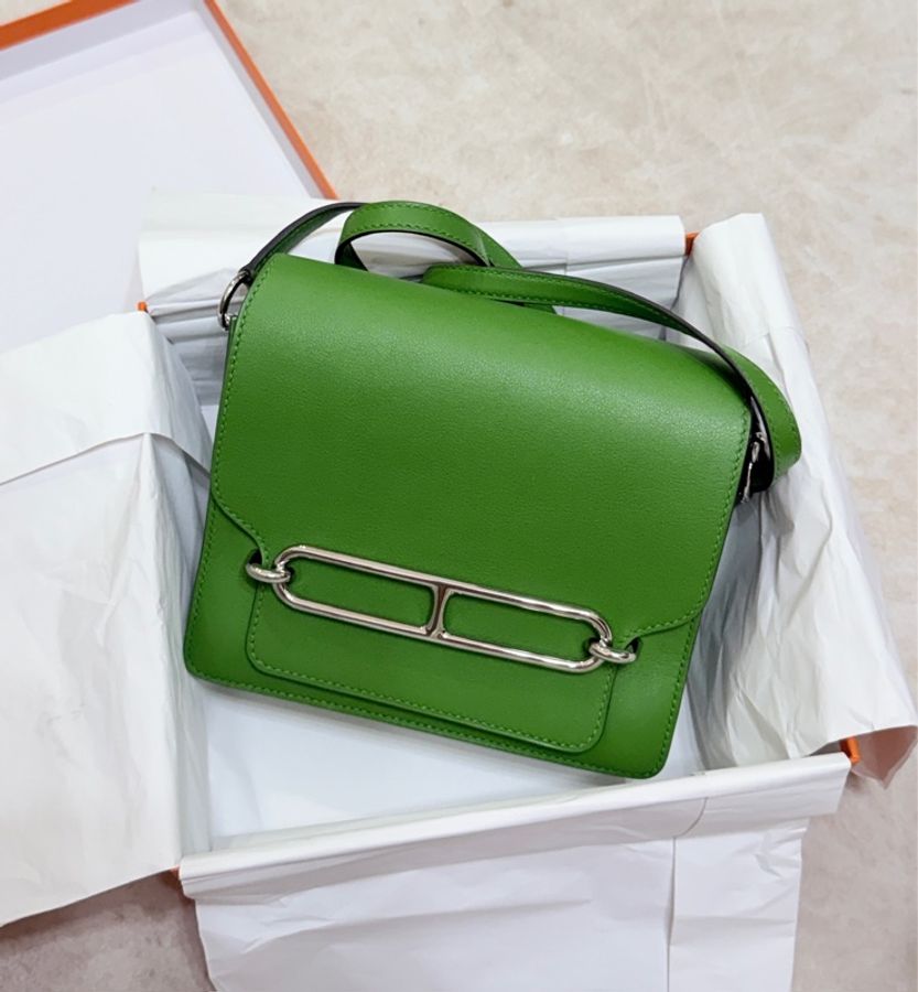 HERMES Evercolor皮革Roulis Mini銀扣肩背袋Vert Yucca-0