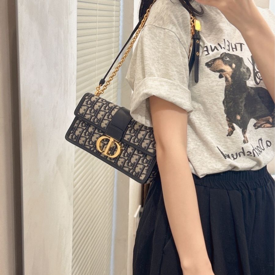 Dior/迪奥 蒙田30小号链条包 经典老花 蓝金CD扣-0