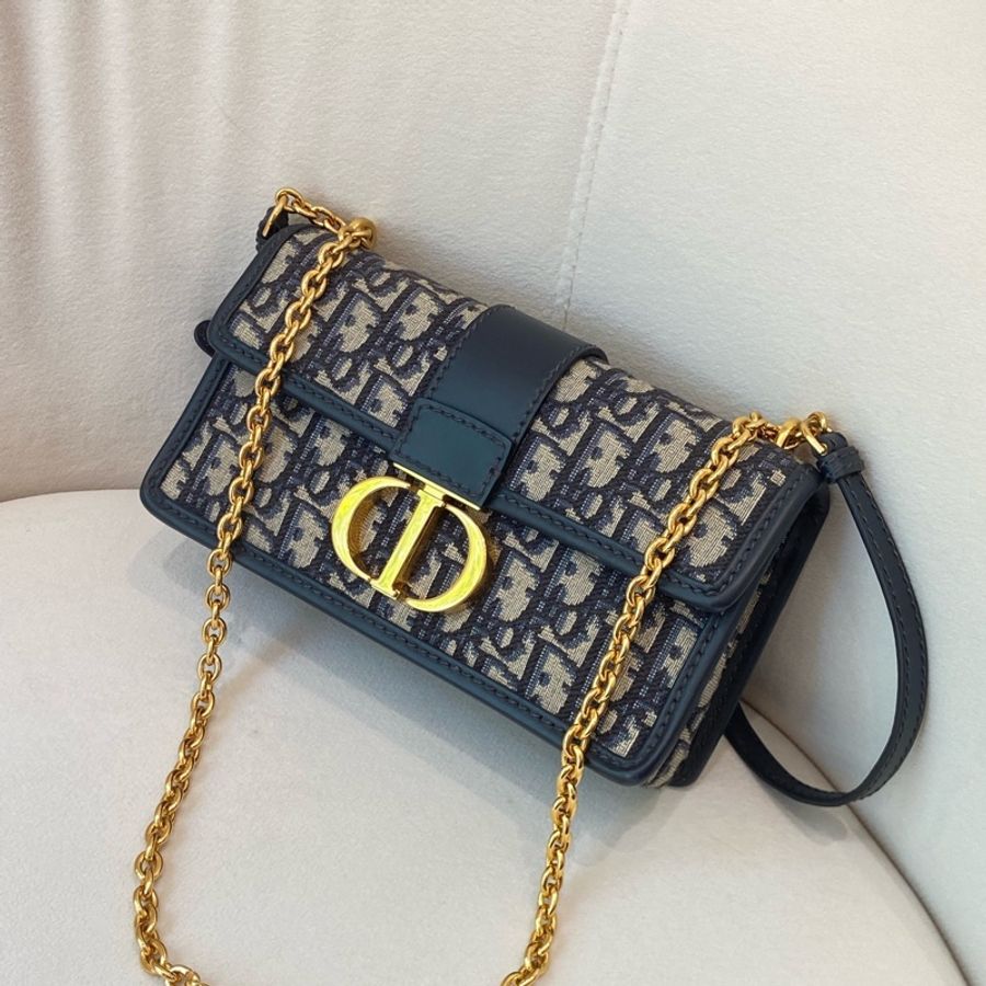 Dior/迪奥 蒙田30小号链条包 经典老花 蓝金CD扣-3