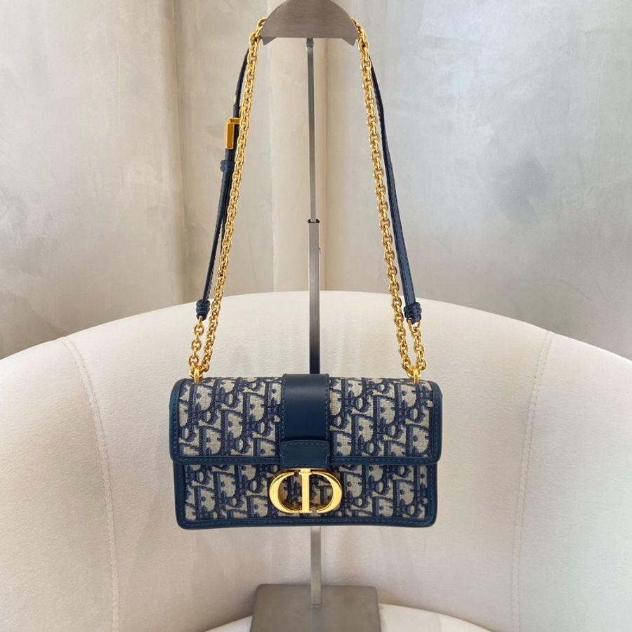 Dior/迪奥 蒙田30小号链条包 经典老花 蓝金CD扣-4