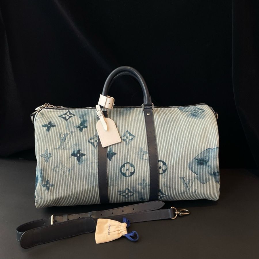 LV/路易威登 Keepal50 21年春夏限定藍色牛仔水彩扎染印花帆布手提包斜挎包 銀扣-0