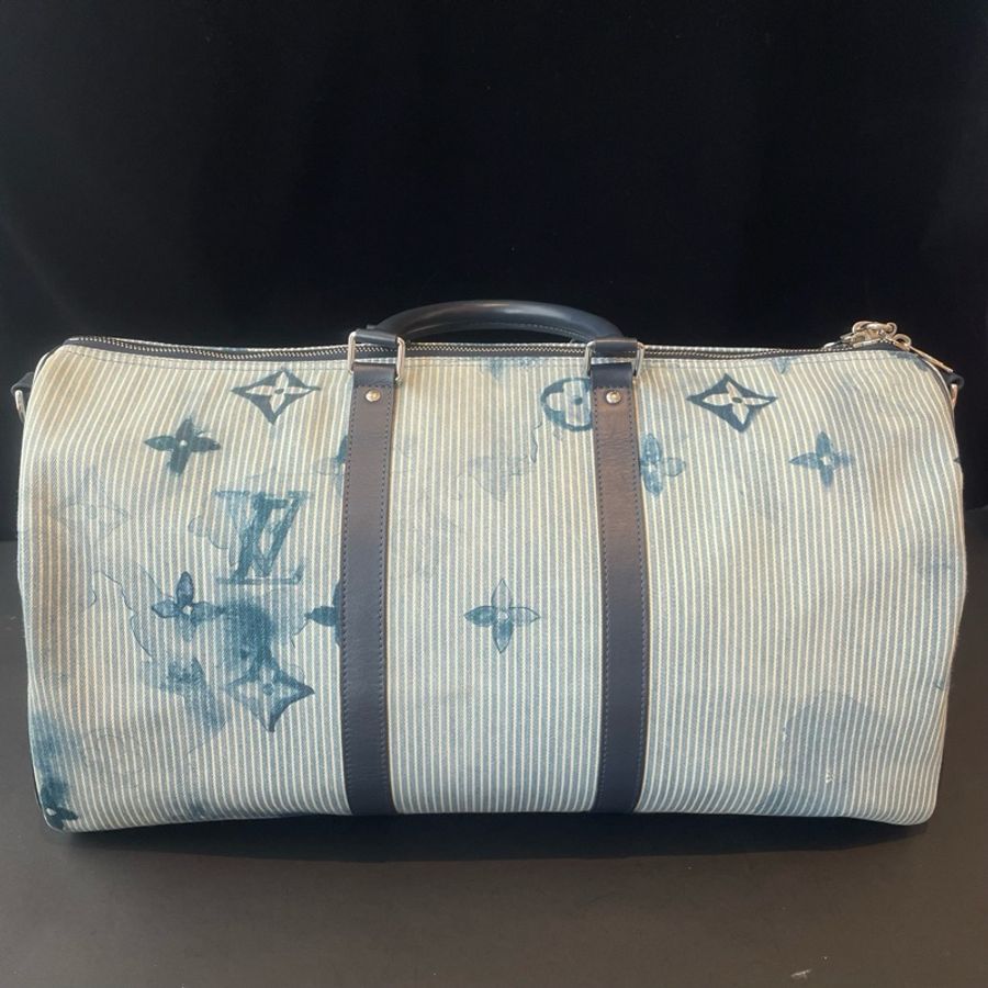 LV/路易威登 Keepal50 21年春夏限定藍色牛仔水彩扎染印花帆布手提包斜挎包 銀扣-1
