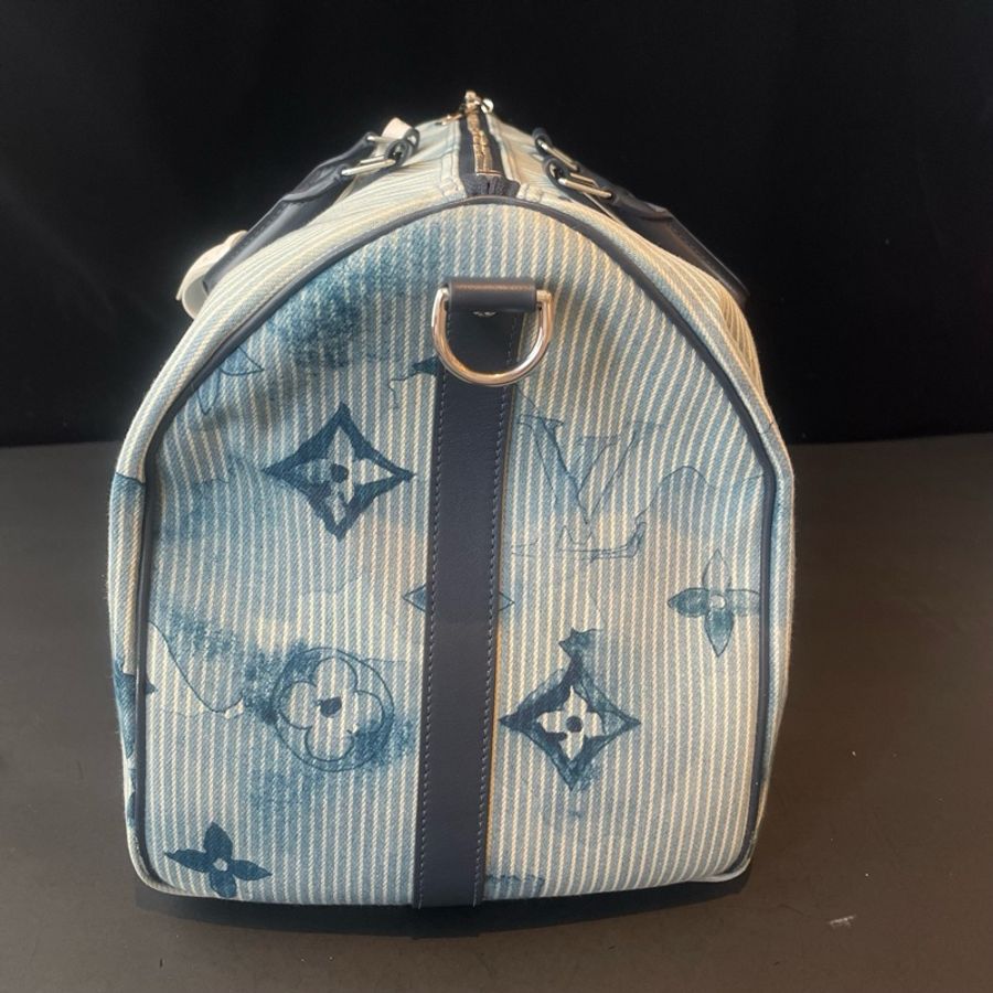 LV/路易威登 Keepal50 21年春夏限定藍色牛仔水彩扎染印花帆布手提包斜挎包 銀扣-2