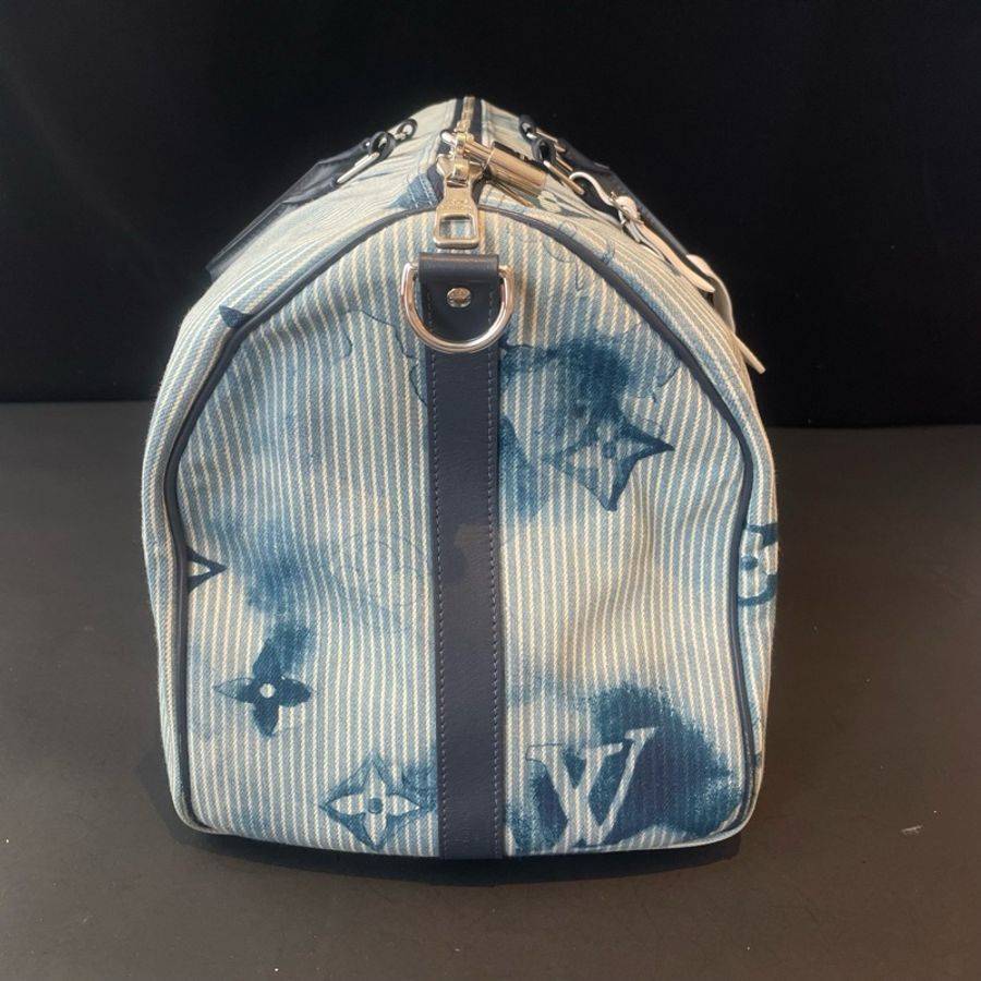 LV/路易威登 Keepal50 21年春夏限定藍色牛仔水彩扎染印花帆布手提包斜挎包 銀扣-3