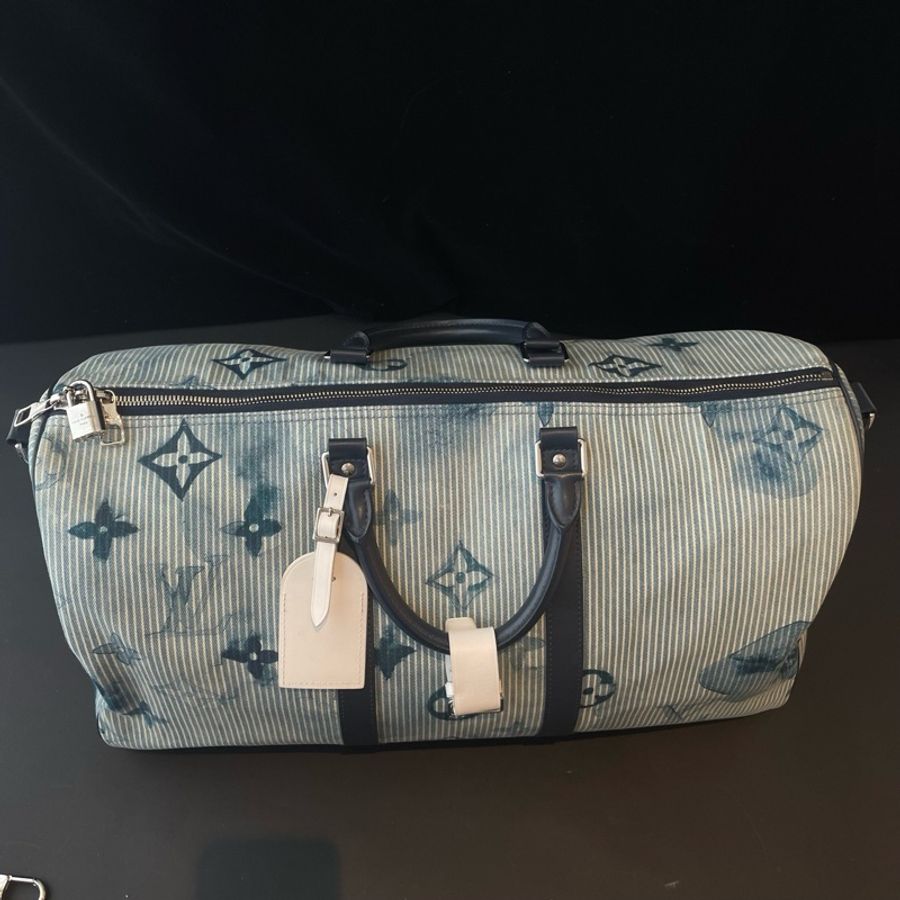 LV/路易威登 Keepal50 21年春夏限定藍色牛仔水彩扎染印花帆布手提包斜挎包 銀扣-4