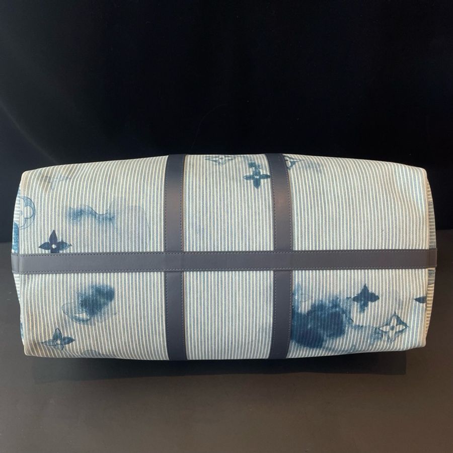 LV/路易威登 Keepal50 21年春夏限定藍色牛仔水彩扎染印花帆布手提包斜挎包 銀扣-5