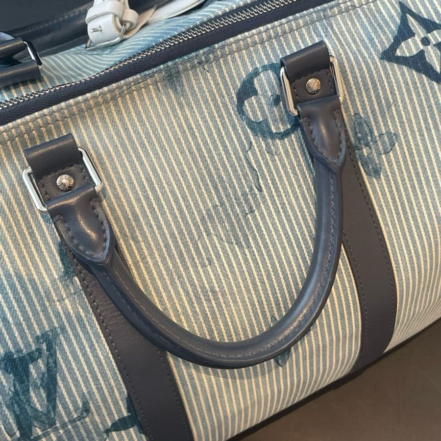 LV/路易威登 Keepal50 21年春夏限定藍色牛仔水彩扎染印花帆布手提包斜挎包 銀扣-8