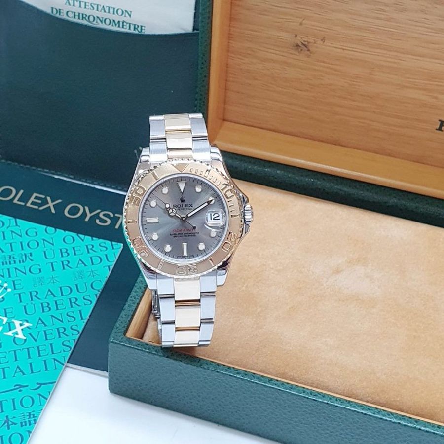 【大眾名錶】ROLEX 勞力士168623 Yacht-Master 中型款 遊艇名仕 黃K金錶圈 灰色面盤 錶徑35mm 自動上鍊 B1391-1