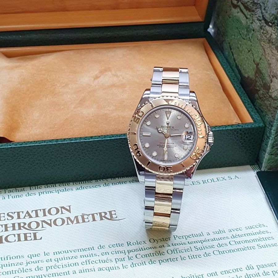 【大眾名錶】ROLEX 勞力士168623 Yacht-Master 中型款 遊艇名仕 黃K金錶圈 灰色面盤 錶徑35mm 自動上鍊 B1391-3