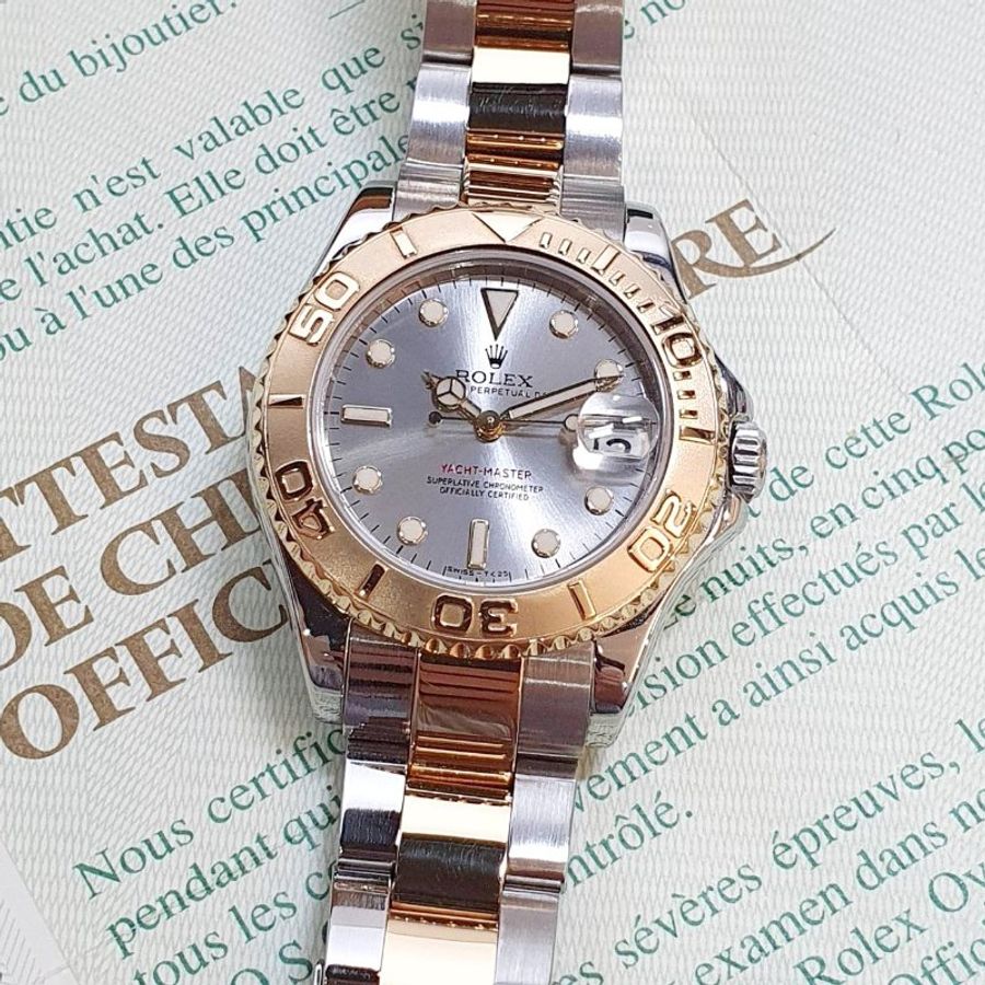 【大眾名錶】ROLEX 勞力士168623 Yacht-Master 中型款 遊艇名仕 黃K金錶圈 灰色面盤 錶徑35mm 自動上鍊 B1391-5