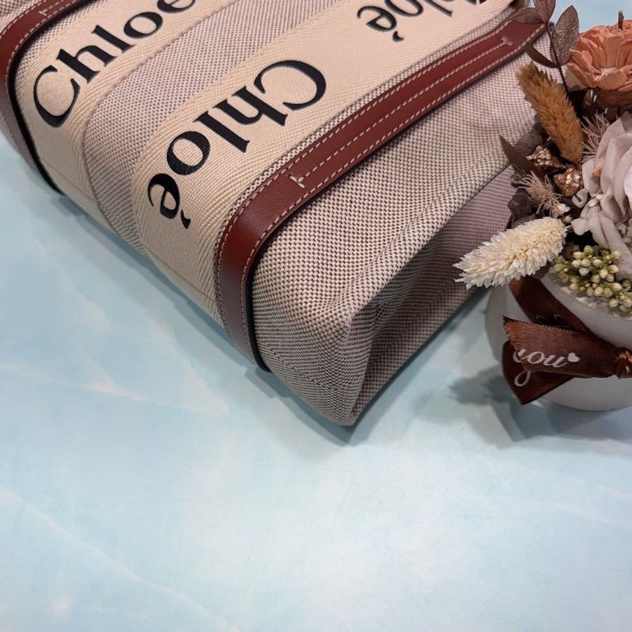 CHLOE 經典Woody亞麻帆布托特包-8