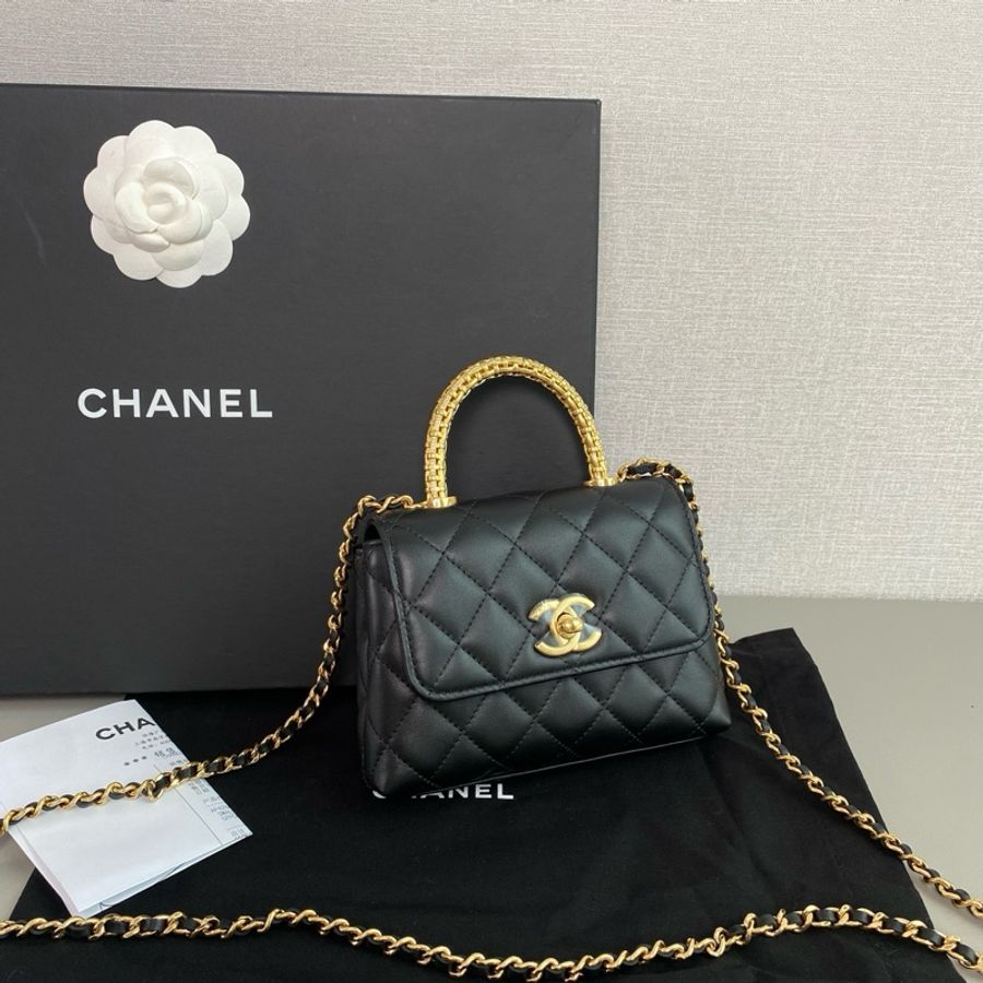 💎Chanel香奈兒|25A 新款編織水鑽手柄|cocohandle mini黑金牛皮|99新芯片款-2