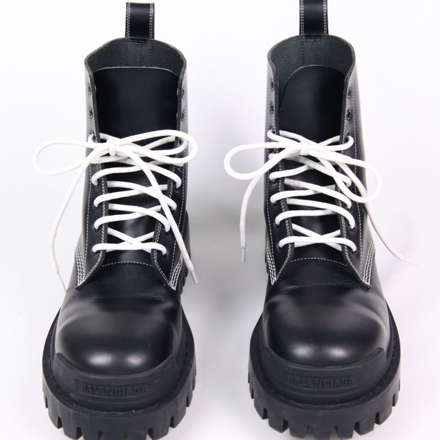 Balenciga黑色皮革白色鞋带系带厚底靴短靴-0