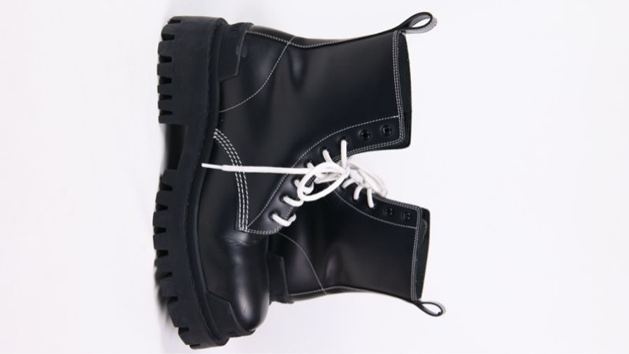 Balenciga黑色皮革白色鞋带系带厚底靴短靴-2