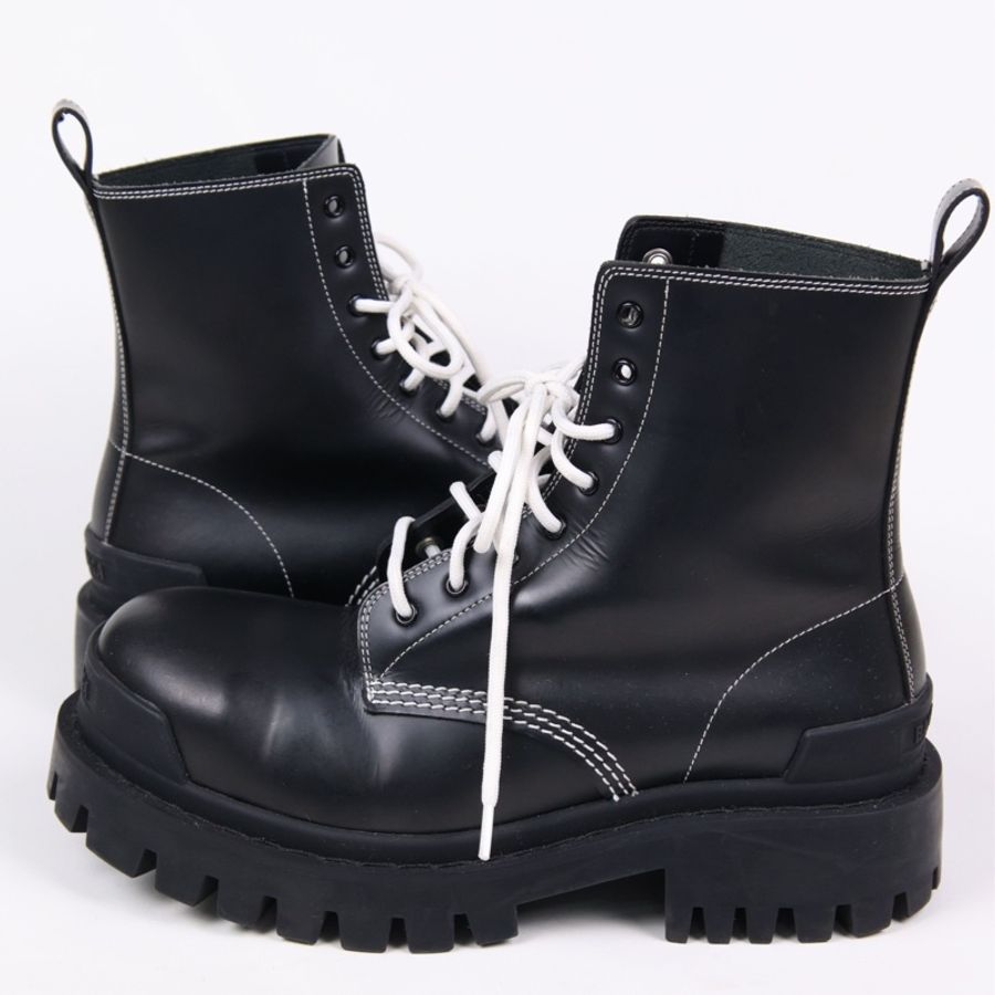Balenciga黑色皮革白色鞋带系带厚底靴短靴-4