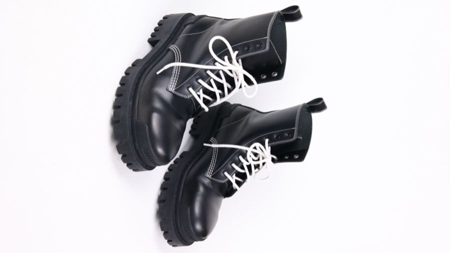 Balenciga黑色皮革白色鞋带系带厚底靴短靴-5