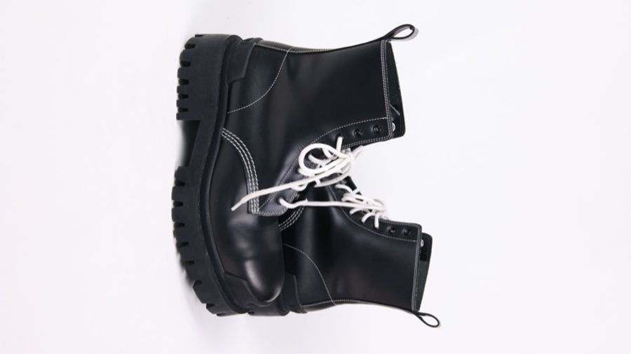 Balenciga黑色皮革白色鞋带系带厚底靴短靴-7