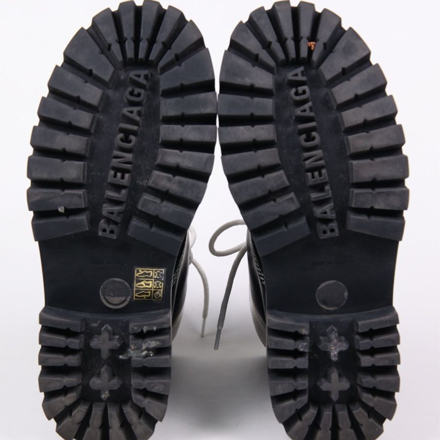 Balenciga黑色皮革白色鞋带系带厚底靴短靴-8