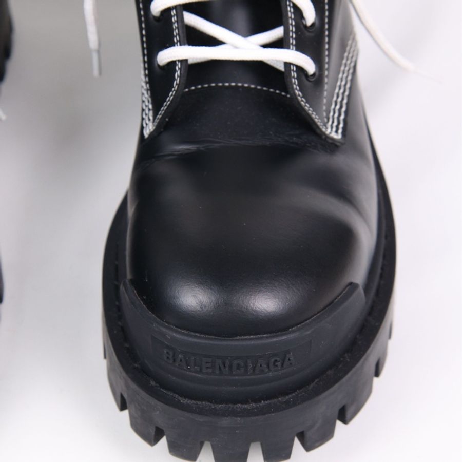 Balenciga黑色皮革白色鞋带系带厚底靴短靴-12