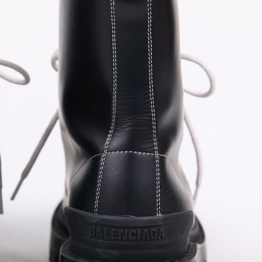 Balenciga黑色皮革白色鞋带系带厚底靴短靴-14
