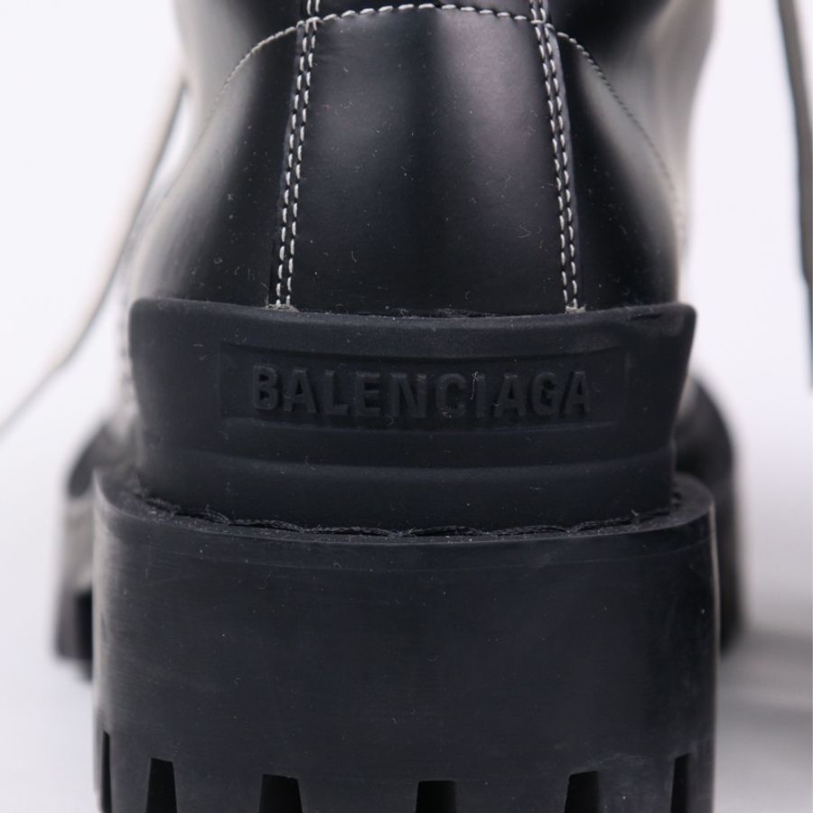 Balenciga黑色皮革白色鞋带系带厚底靴短靴-15