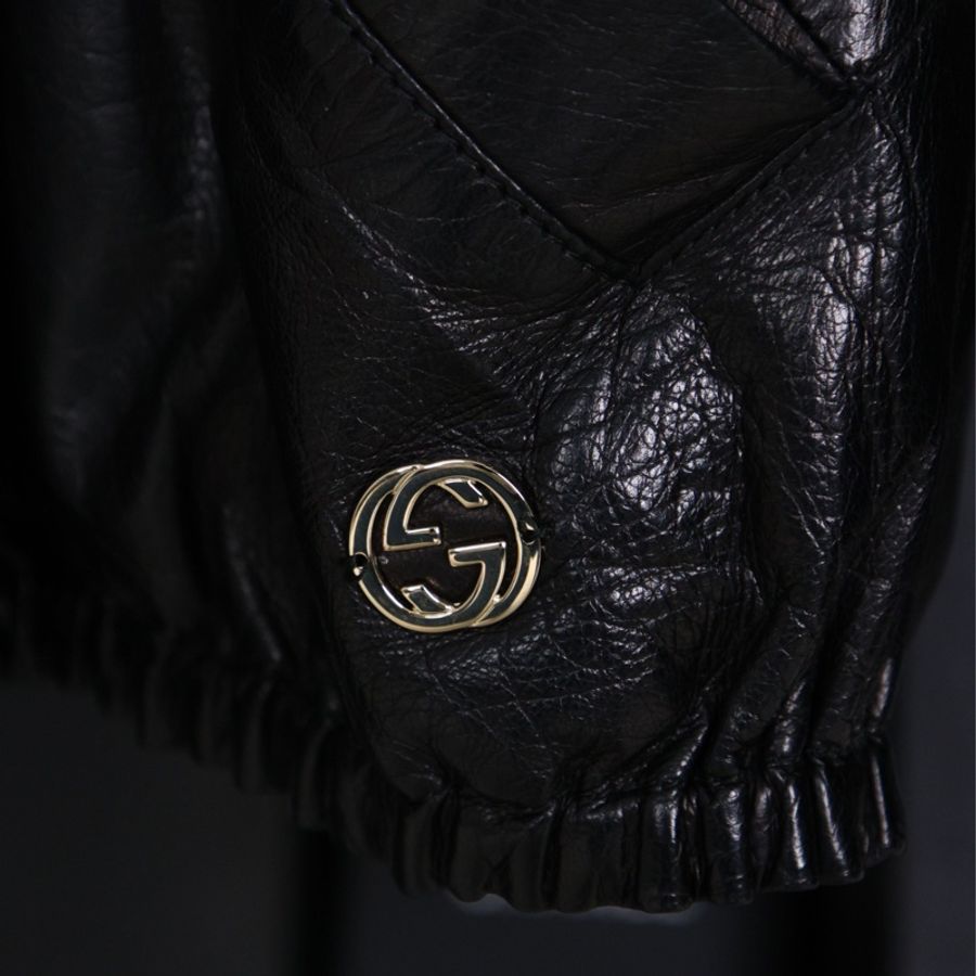 Gucci黑色小羊皮抽绳圆领拉链皮衣上衣外套-27