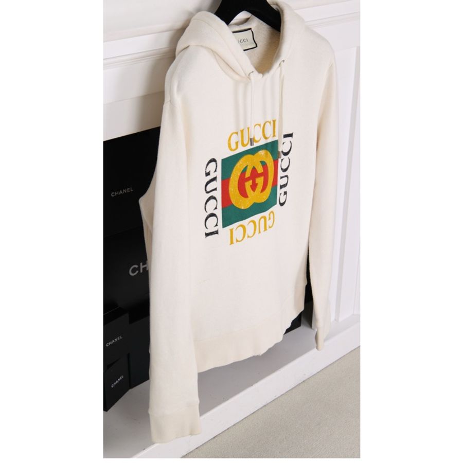 Gucci 白色logo字母印花棉质连帽抽绳长袖卫衣上衣外套-1