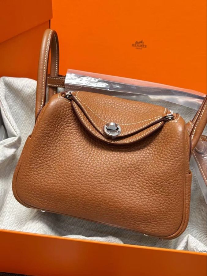 Hermès 愛馬仕mini Lindy金棕銀扣,K刻,tc皮 閒置未使用-0