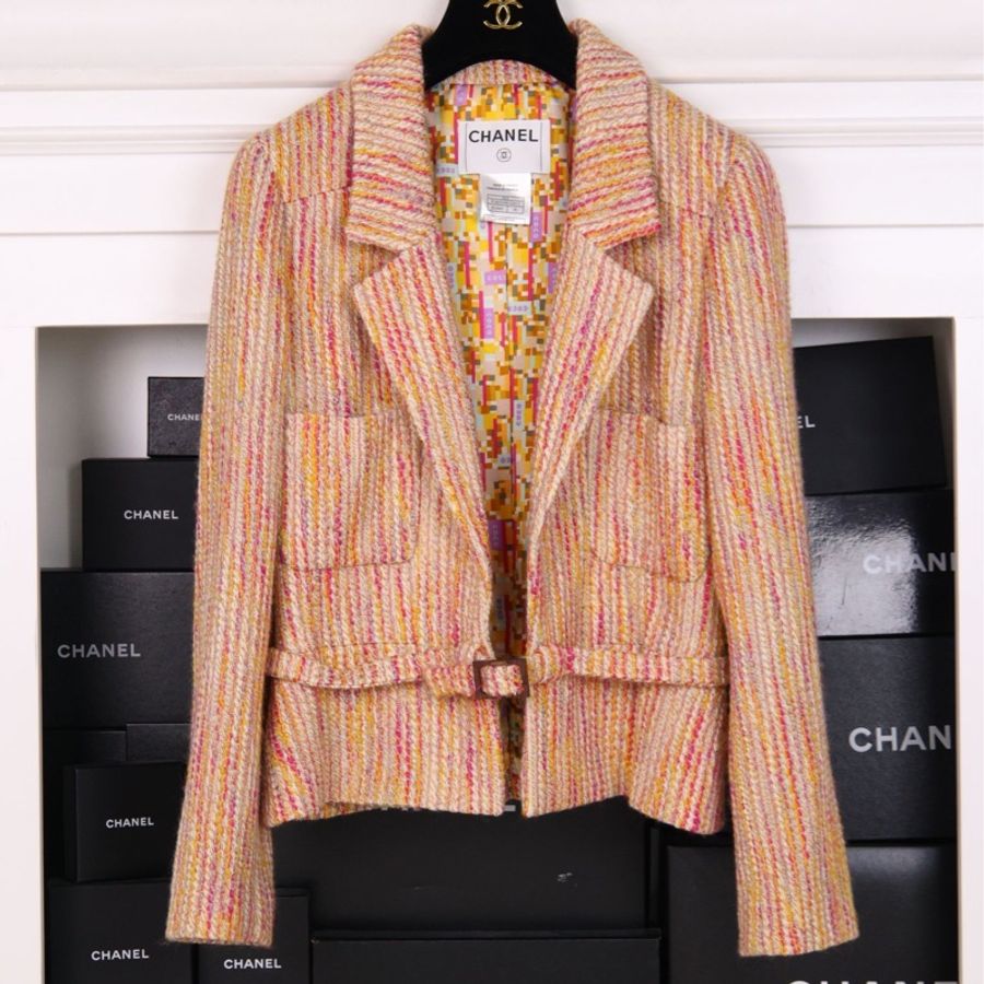 Chanel 01年混彩色羊毛木质扣腰带上衣外套-0