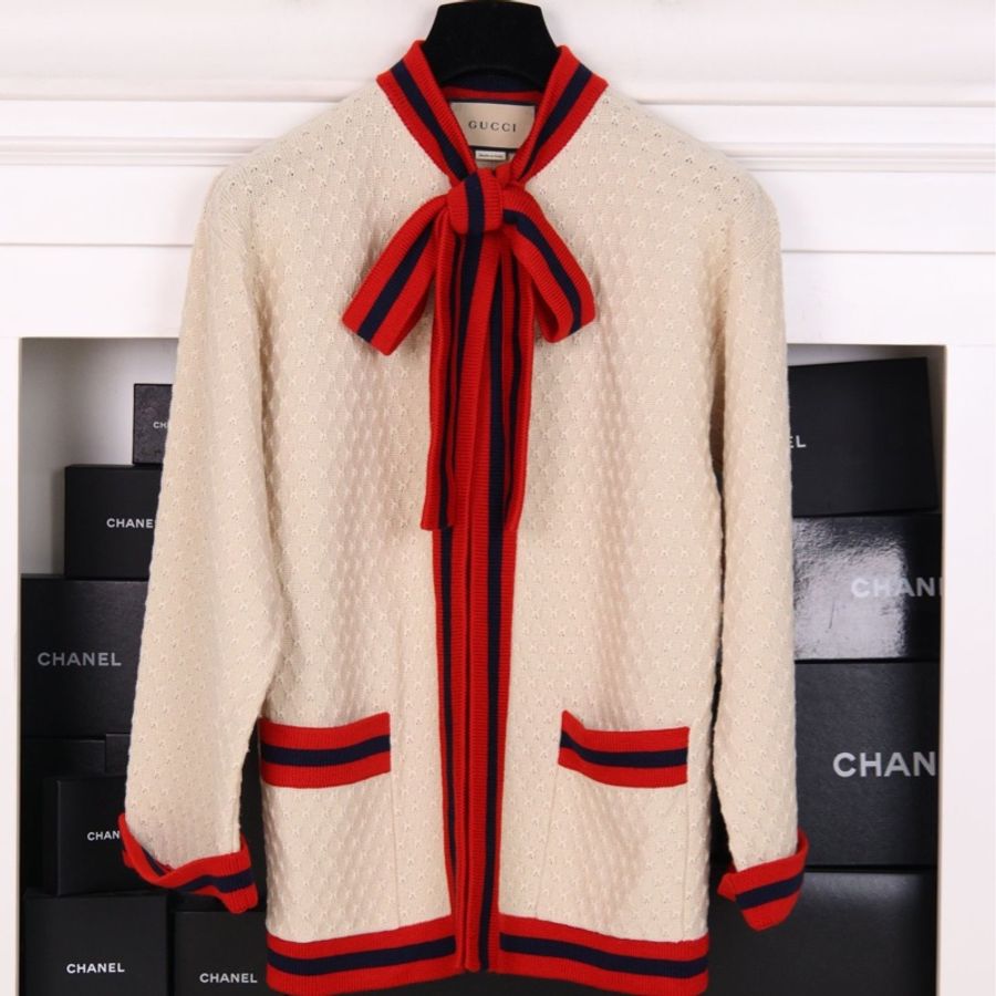 Gucci红白针织拼接飘带毛衣外套-0