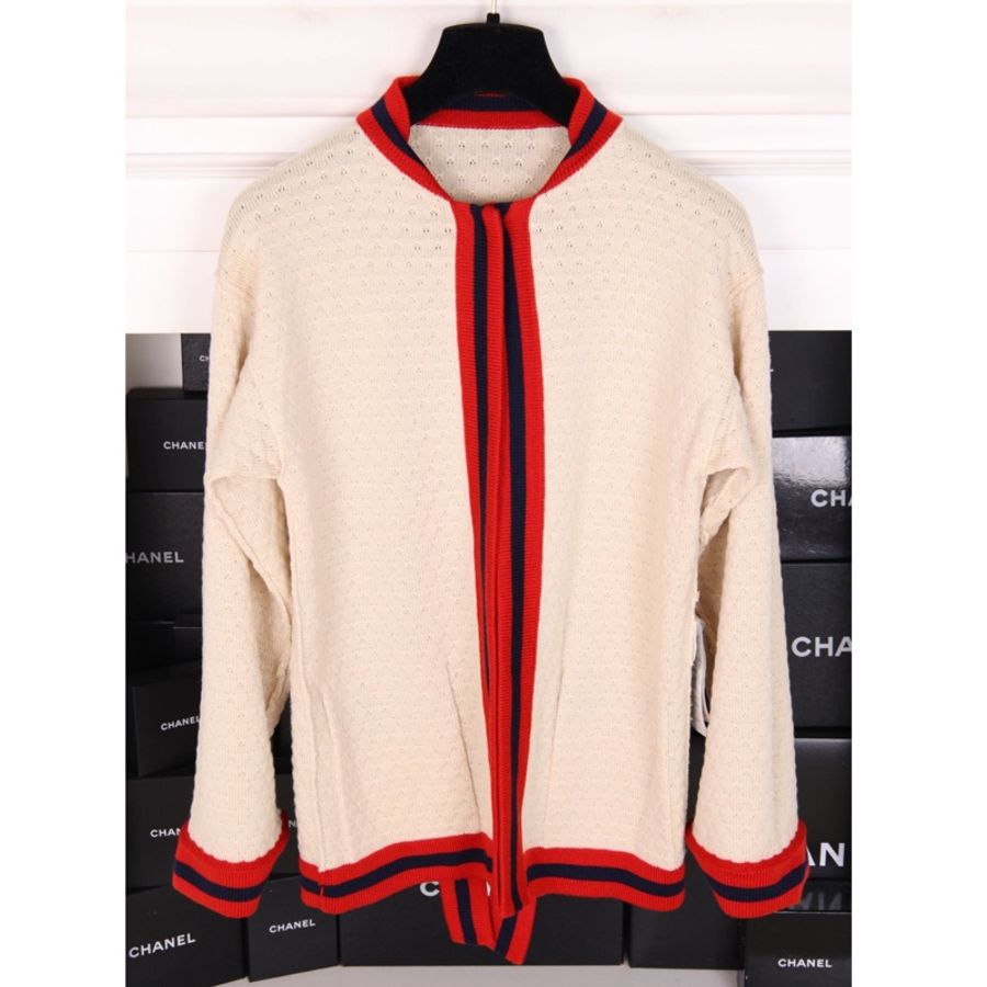 Gucci红白针织拼接飘带毛衣外套-6
