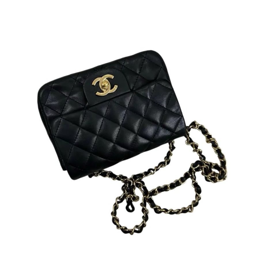 CHANEL 黑金雙C扣菱格紋方胖子鏈條包-1