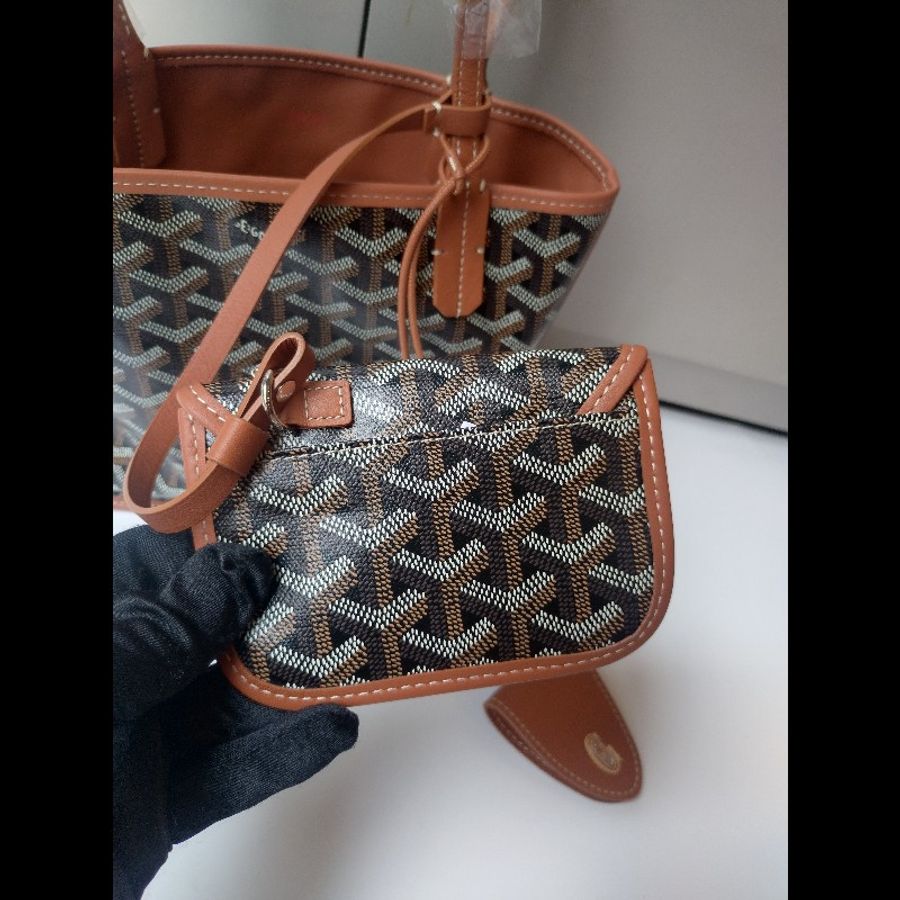 Goyard 棕色皮革邊黑印花小號托特包 mini Anjou-19