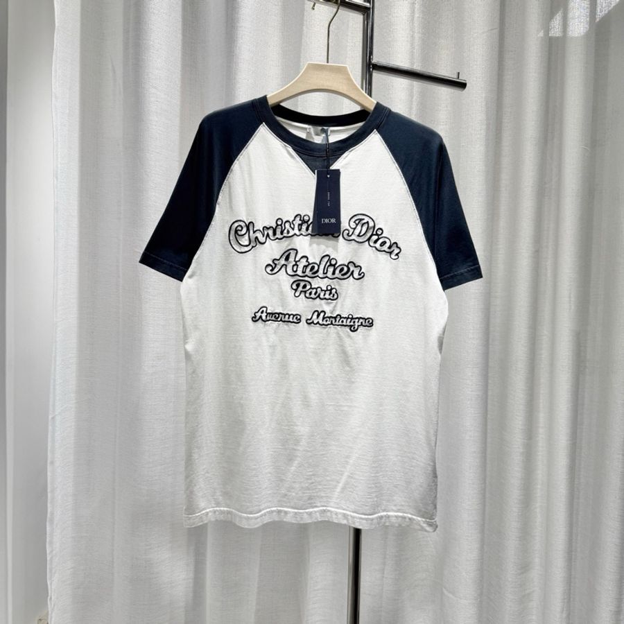 DIOR 迪奧 短袖tee T恤 S碼 標語刺繡logo 藍色拼接-0