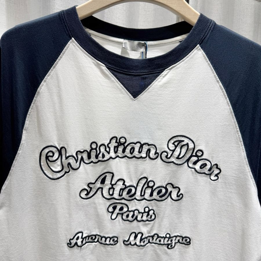 DIOR 迪奧 短袖tee T恤 S碼 標語刺繡logo 藍色拼接-2