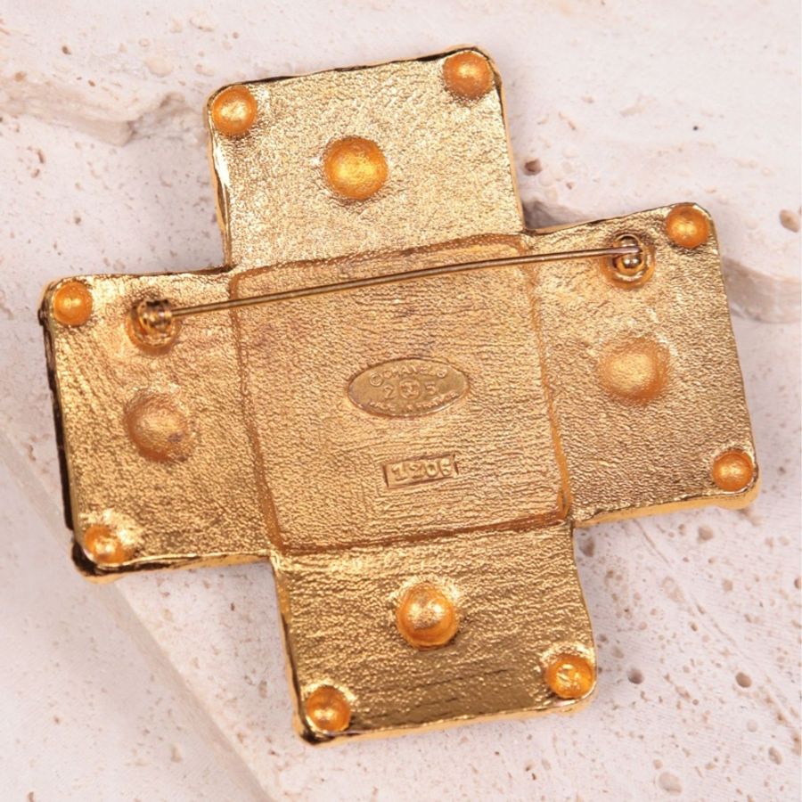 Chanel 91年素金绿色琉璃十字胸针-5