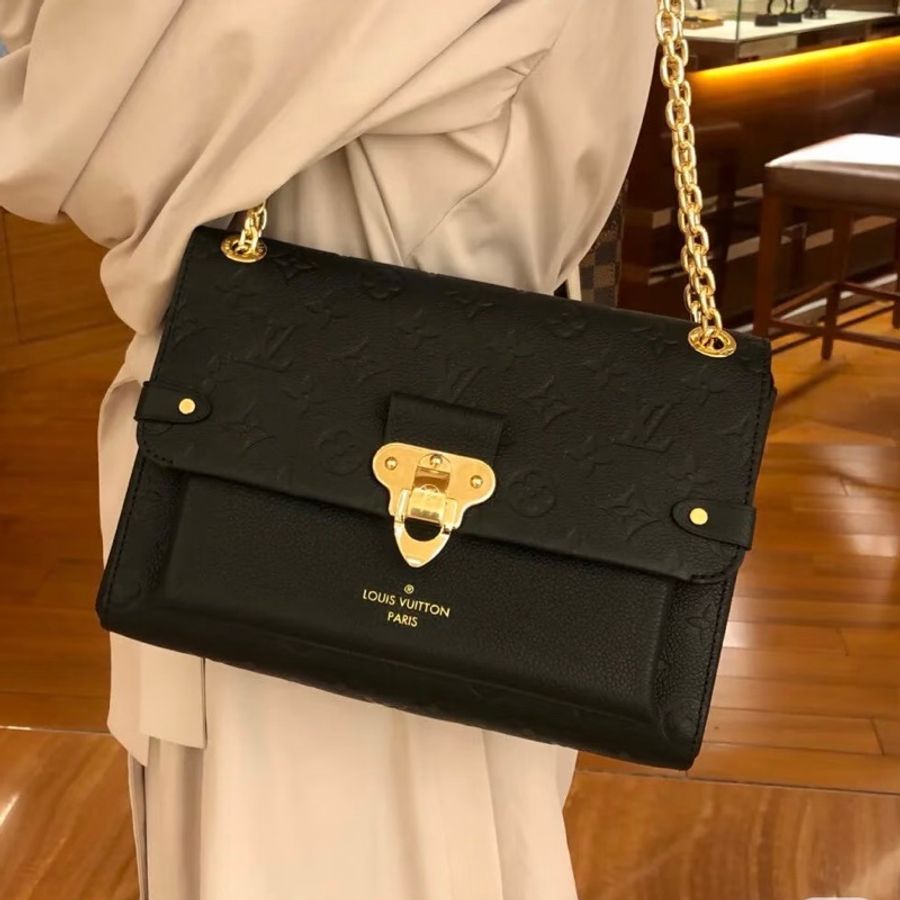 Louis Vuitton LV VAVIN 老花壓印黑金全皮鏈條包 編碼款-7