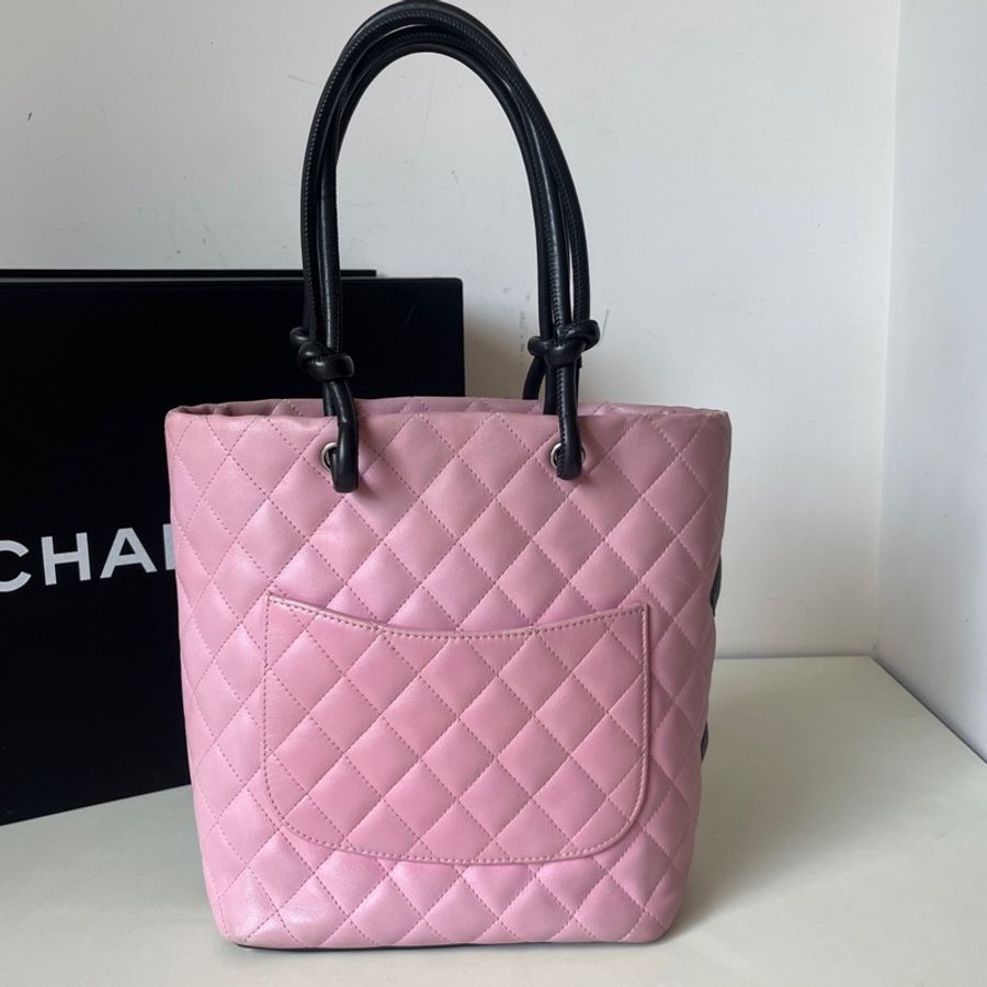 95新 Chanel/香奈兒 粉黑康鵬菜籃子小號牛皮 9開卡標齊全-1