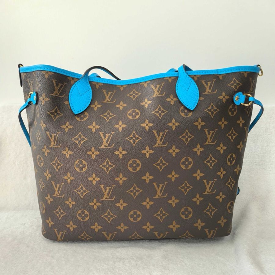 LV 路易威登 neverfull 中號托特包單肩包斜挎包 雙面 老花 藍色 寬肩帶 金扣-1