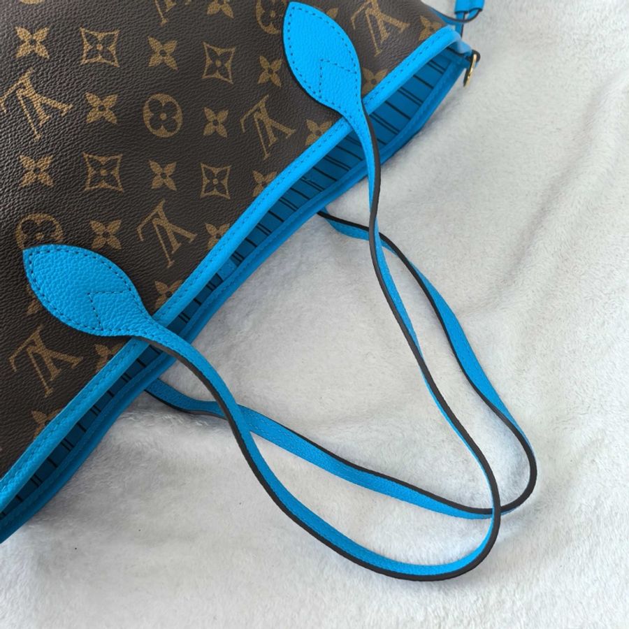 LV 路易威登 neverfull 中號托特包單肩包斜挎包 雙面 老花 藍色 寬肩帶 金扣-6