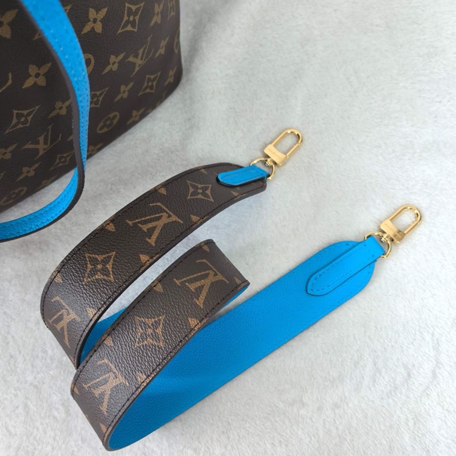 LV 路易威登 neverfull 中號托特包單肩包斜挎包 雙面 老花 藍色 寬肩帶 金扣-8