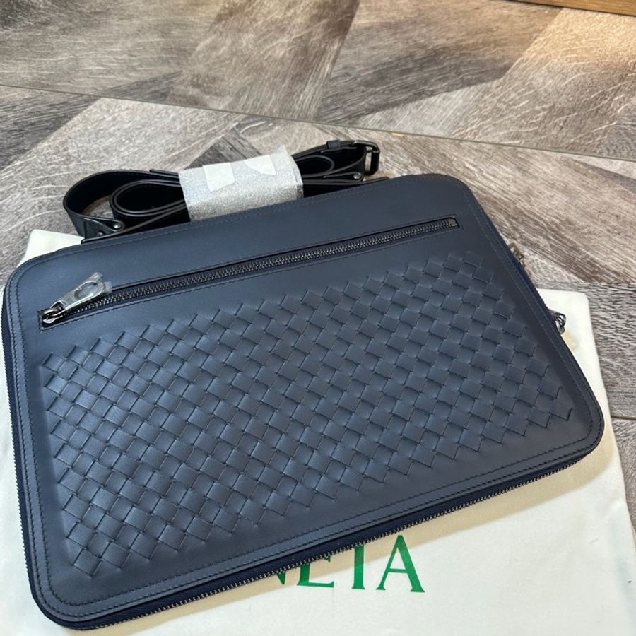 閒置新BV 葆蝶家 全皮編織公文包 電腦包 單肩斜挎包 超輕超薄年輕款 男款 深海藍色-2