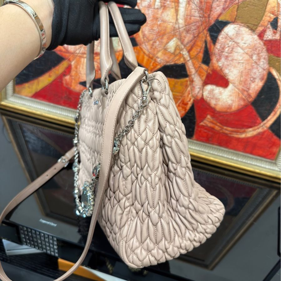 🈶購證 #99新閒置✨ 🈶長肩帶🉑斜背 Miumiu淡粉抓皺托特包-5