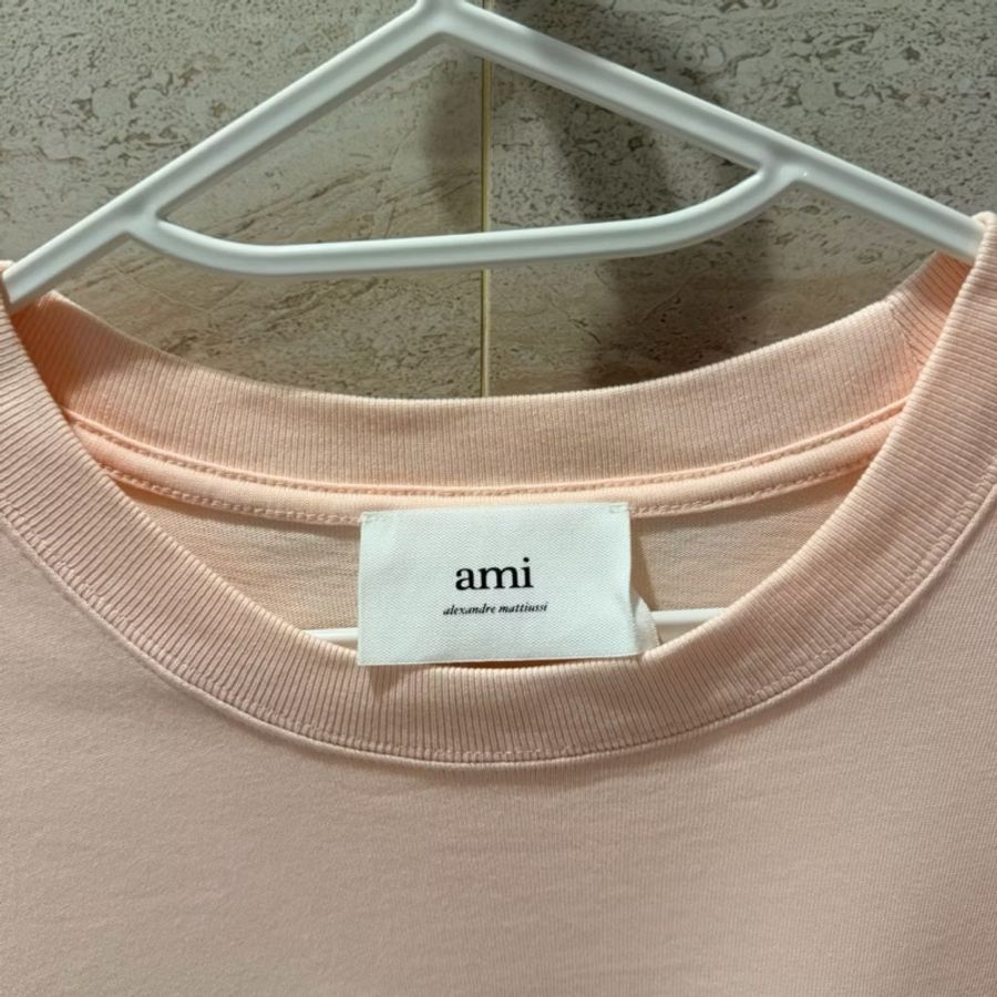 Ami Paris 限定款100%純棉 溫柔春季淡粉色🌸🍓白色電繡大logo圓領短袖上衣、T恤 M-7